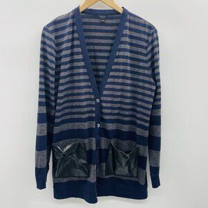 Ann Taylor Womens Large Striped Longline Cardigan Sweater Faux Leather Pockets